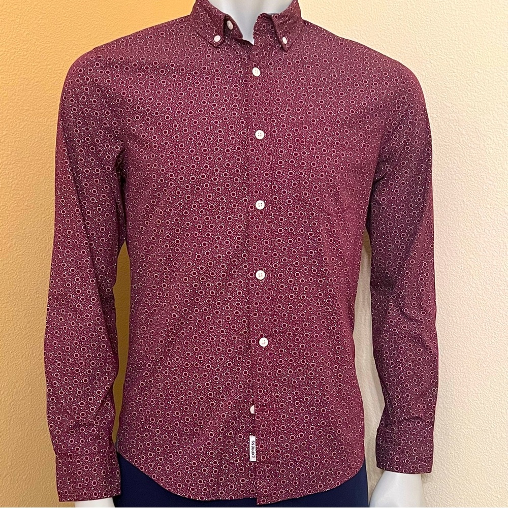 Express Mens Burgundy Graphic Slim Soft Wash Long Sleeve Button Shirt W/ Pocket